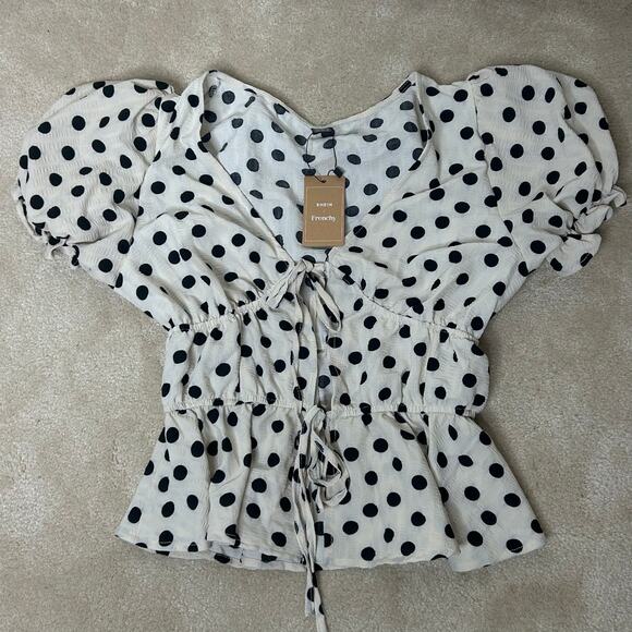 SHEIN Frenchy Polka Dot Print Tie Front Short Puff Sleeve Blouse Sz M - Picture 4 of 12